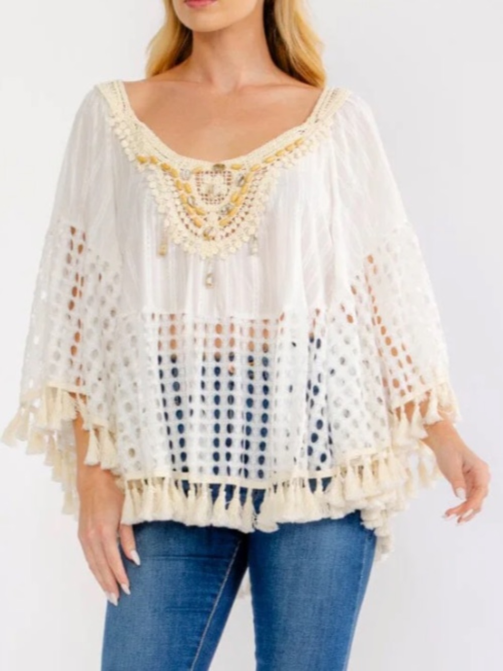 S9075. New Embroidered Boho Crochet Fringe Tunic Top white %100 Cotton